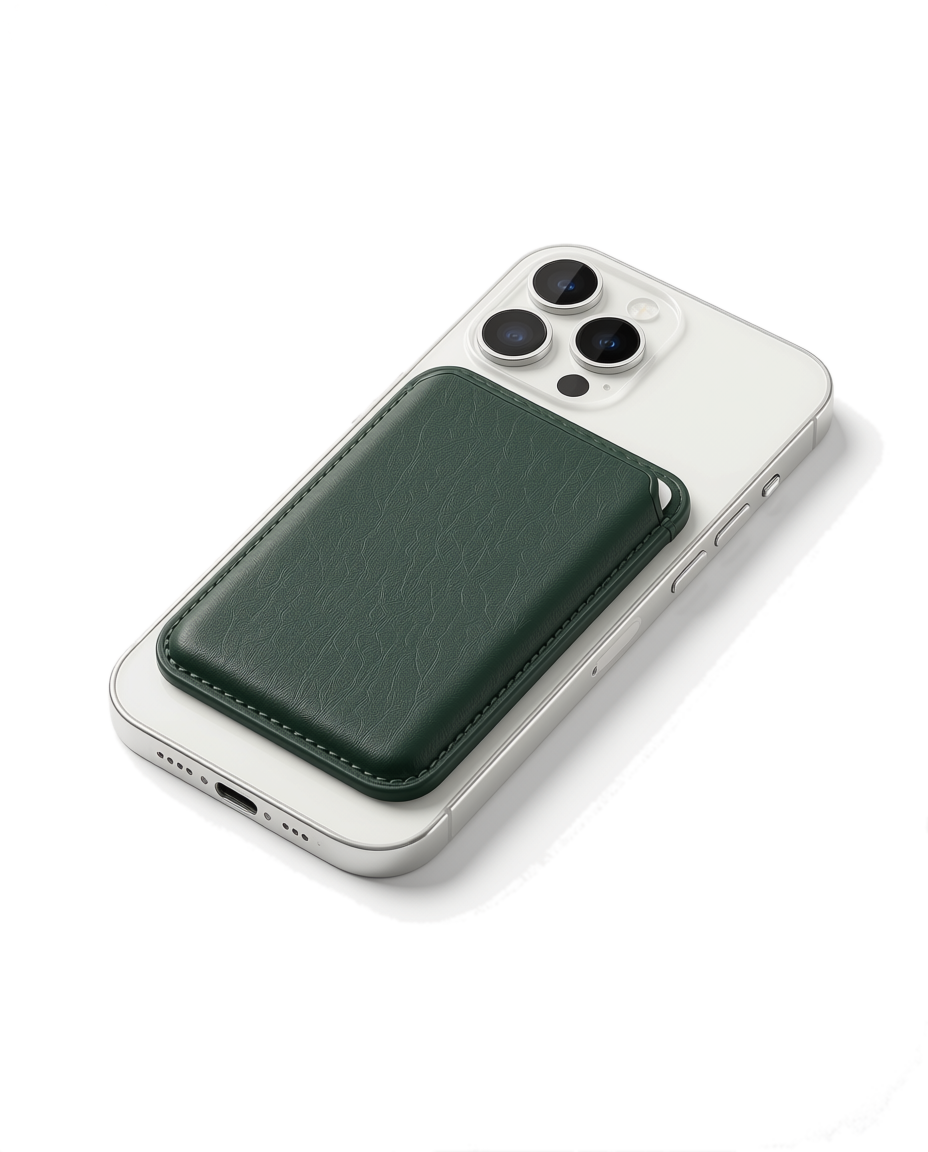 Grüner MagSafe-Cardholder auf der Rückseite eines weißen iPhones, freigestellt vor weißem Hintergrund