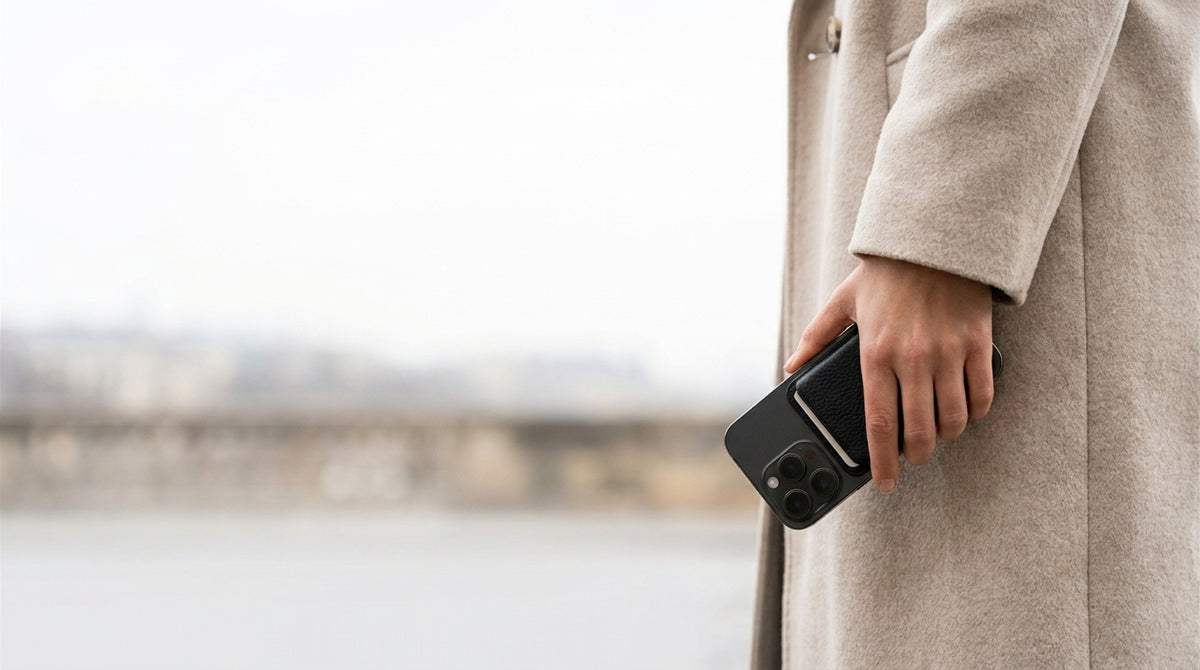 Person im beigen Wollmantel hält ein iPhone mit schwarzem MagSafe-Cardholder, Stadt im Hintergrund
